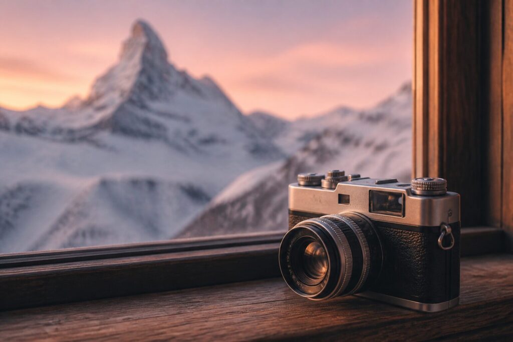 Alte Kamera auf einer Fensterbank mit Blick auf die Schweizer Alpen