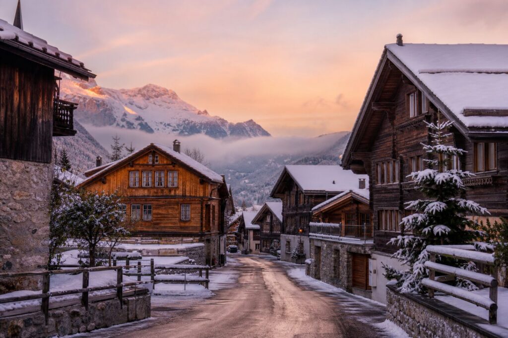 Verschneite Dorfstrasse in den Schweizer Alpen bei Morgendämmerung
