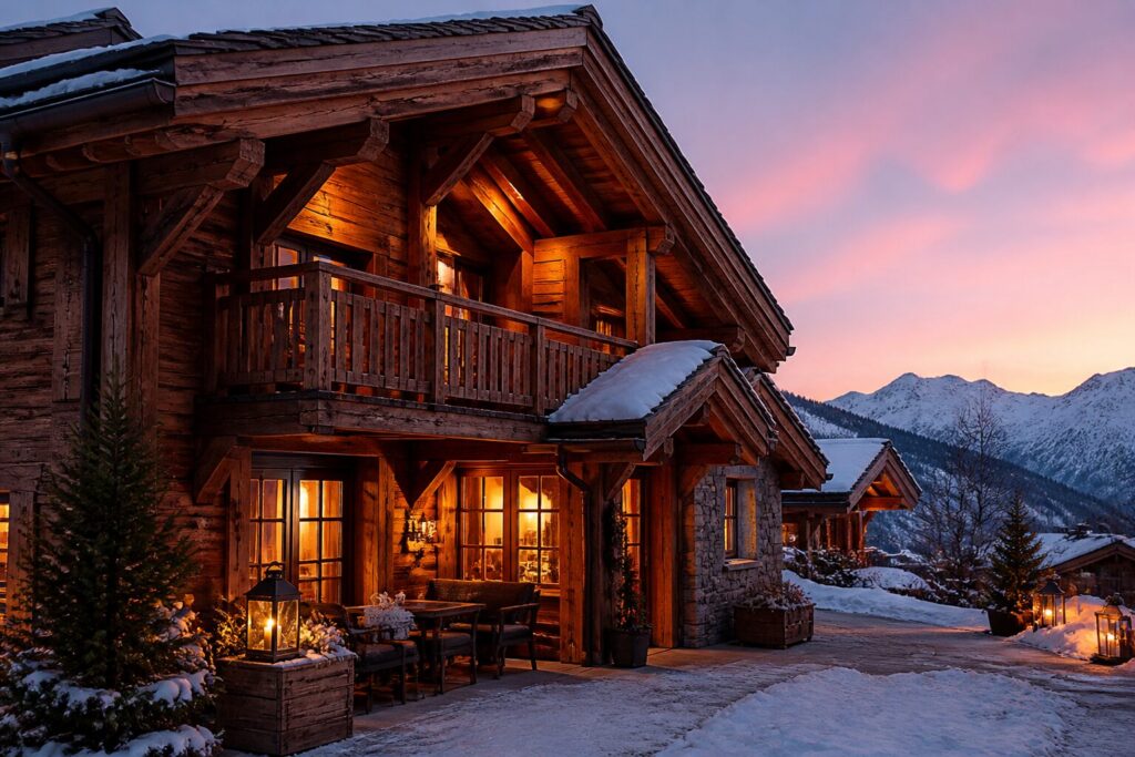Gemütliches Alpenchalet mit warmem Licht in der Abenddämmerung
