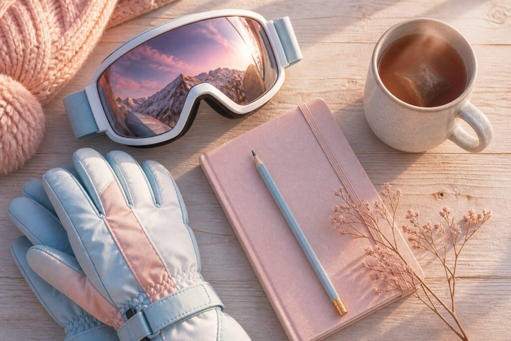 Ski-Ausrüstung und Notizbuch auf einem Holztisch bei Morgenlicht